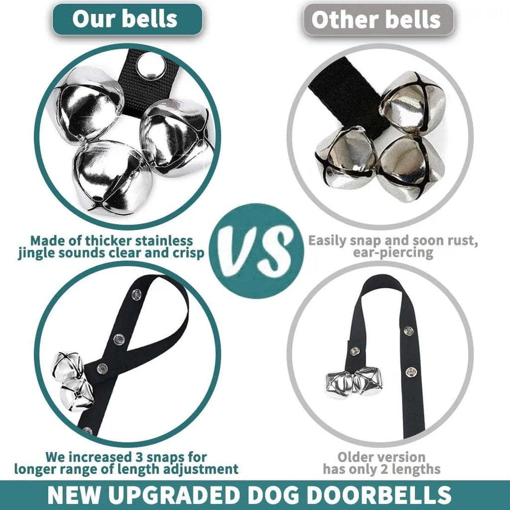 Adjustable dog training doorbell with seven large silver metal bells on a nylon strap.