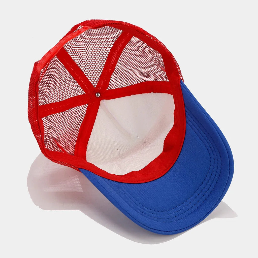 Red and blue contrast mesh baseball cap with adjustable strap and dome crown.