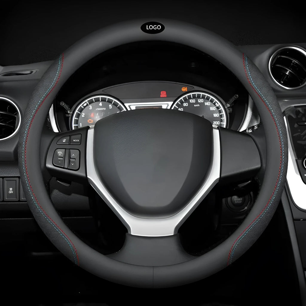 Black Napa leather texture car steering wheel cover with two-colour line stitching, shown with a 38cm diameter.