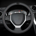 Black Napa leather texture car steering wheel cover with two-colour line stitching, shown with a 38cm diameter.