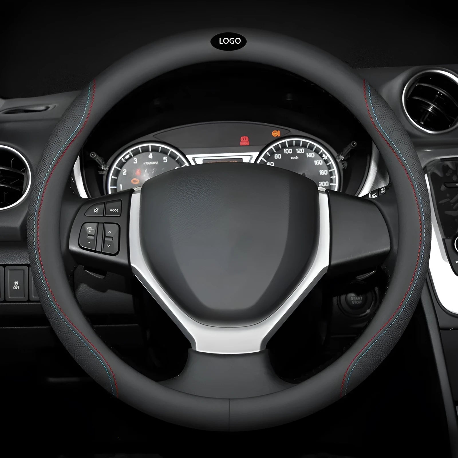 Black Napa leather texture car steering wheel cover with two-colour line stitching, shown with a 38cm diameter.