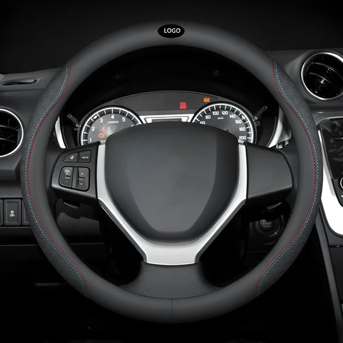 Black Napa leather texture car steering wheel cover with two-colour line stitching, shown with a 38cm diameter.