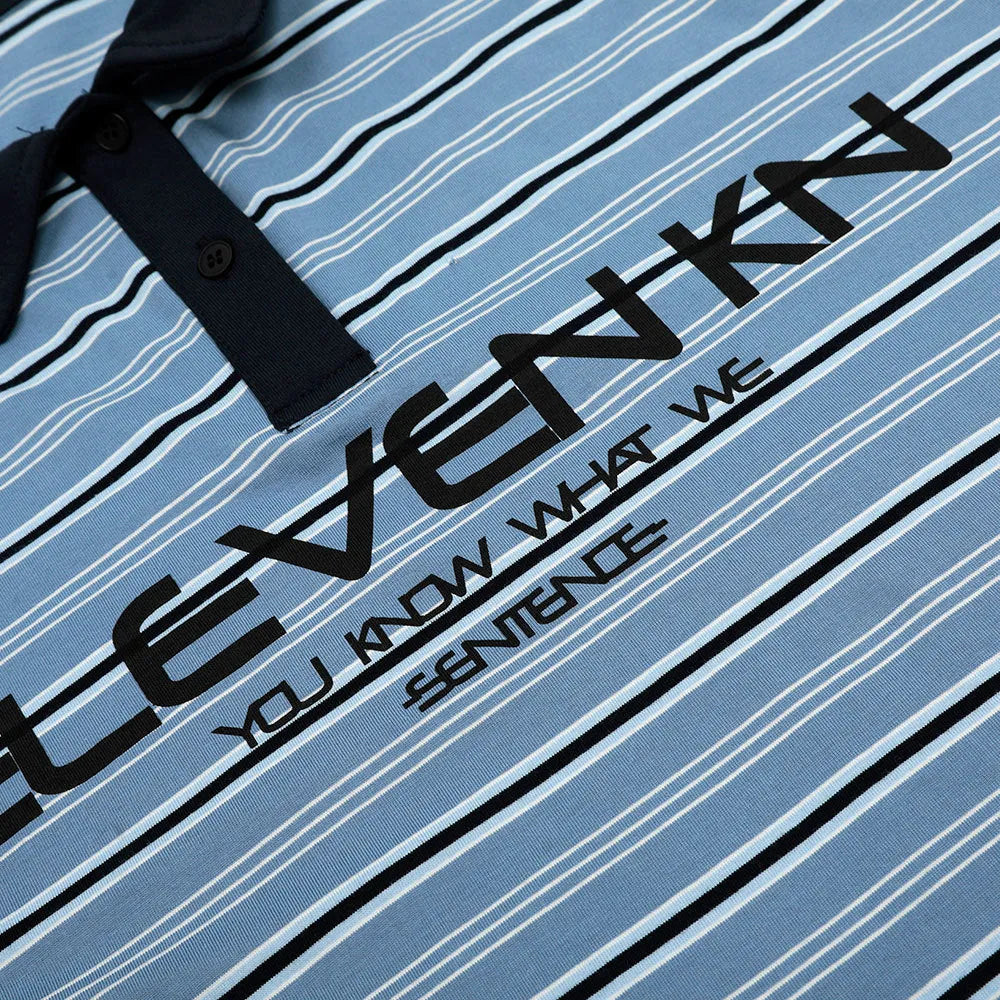 Blue and white vintage stripe pattern on a loose-fit men's short-sleeved cotton polo shirt.