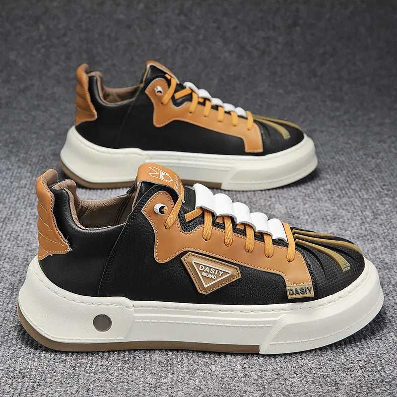 Men's black and beige casual sneakers with elastic band closure and round toe design