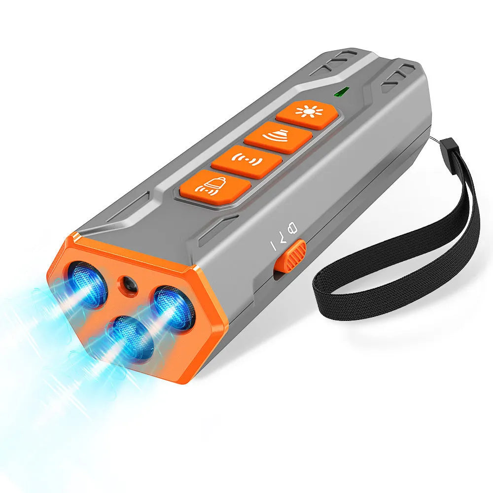 Handheld three-head ultrasonic dog trainer in black and orange colour scheme