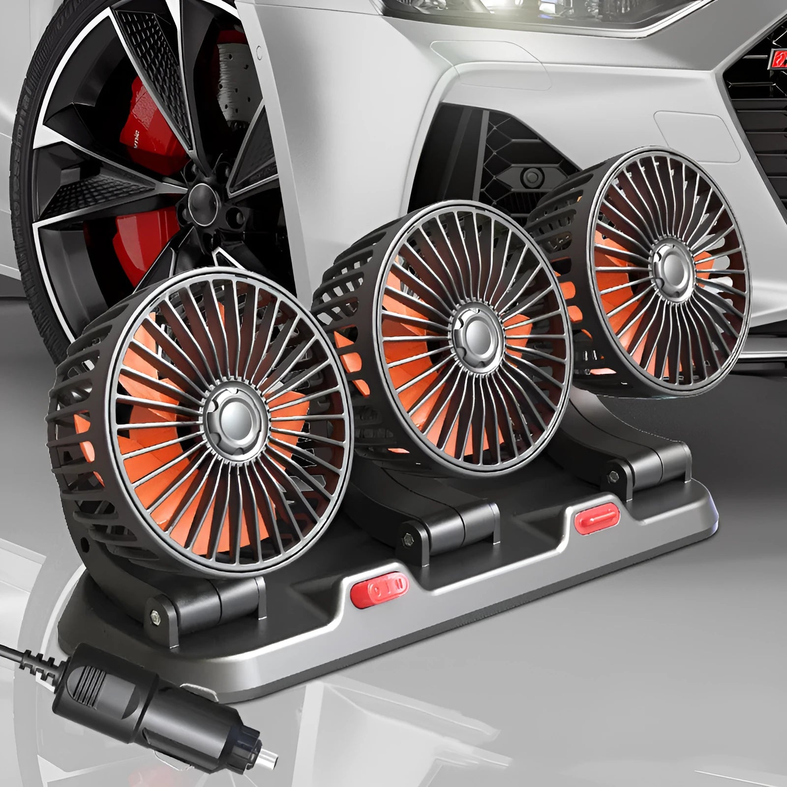 Three head automotive cooling fan with ABS motor, 30.2 cm width, for 5V 12V 24V vehicle systems