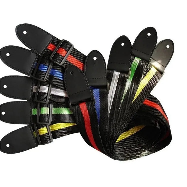 Folk stripe patterned woven instrument strap for electric guitar, bass, or ukulele.