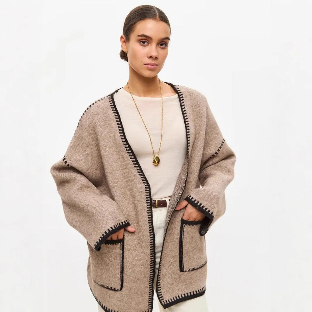 Loose knitted cardigan with lace-up front in imitation cashmere blend fabric