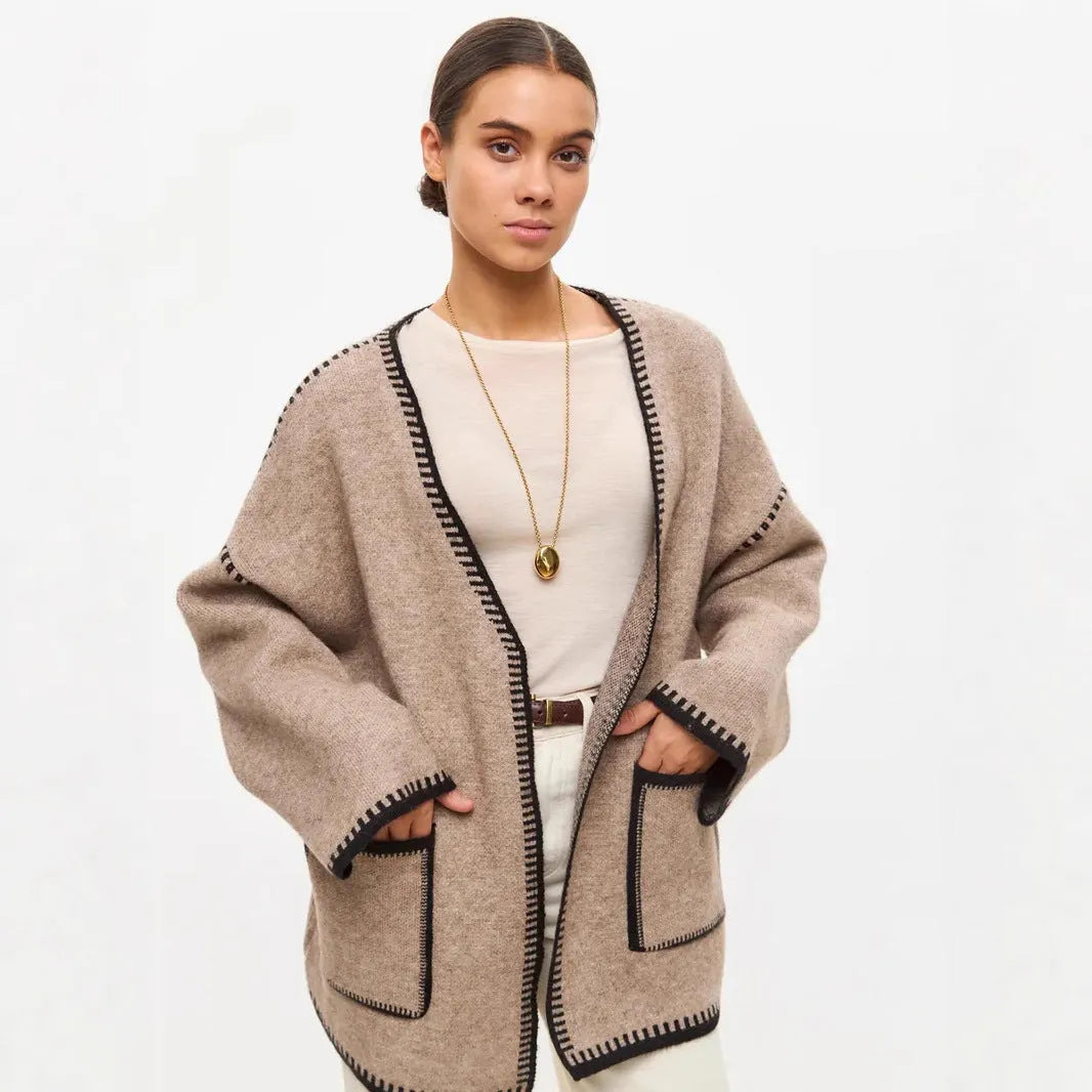 Loose knitted cardigan with lace-up front in imitation cashmere blend fabric