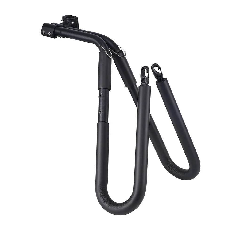 Black aluminium bicycle surfboard hanger bracket on a bike with surfboard attached