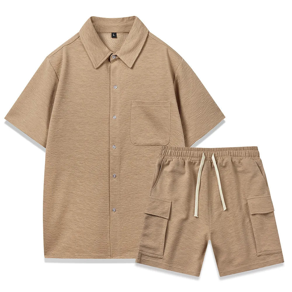 Young women's casual two-piece set with short sleeve top and elastic waist shorts in beige.