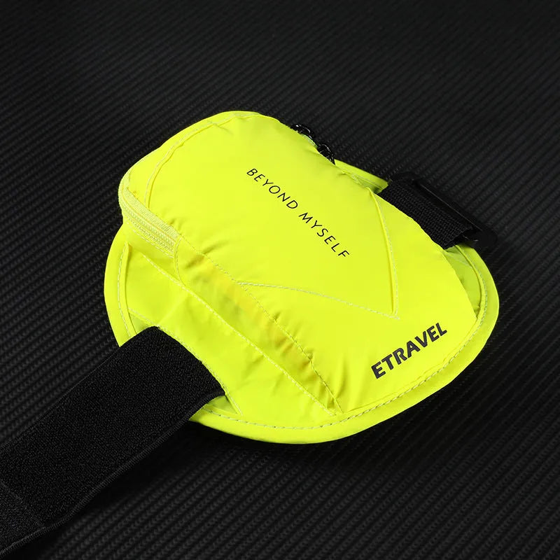 Running arm bag with reflective strip in three colour options: fluorescent yellow, black and silver grey