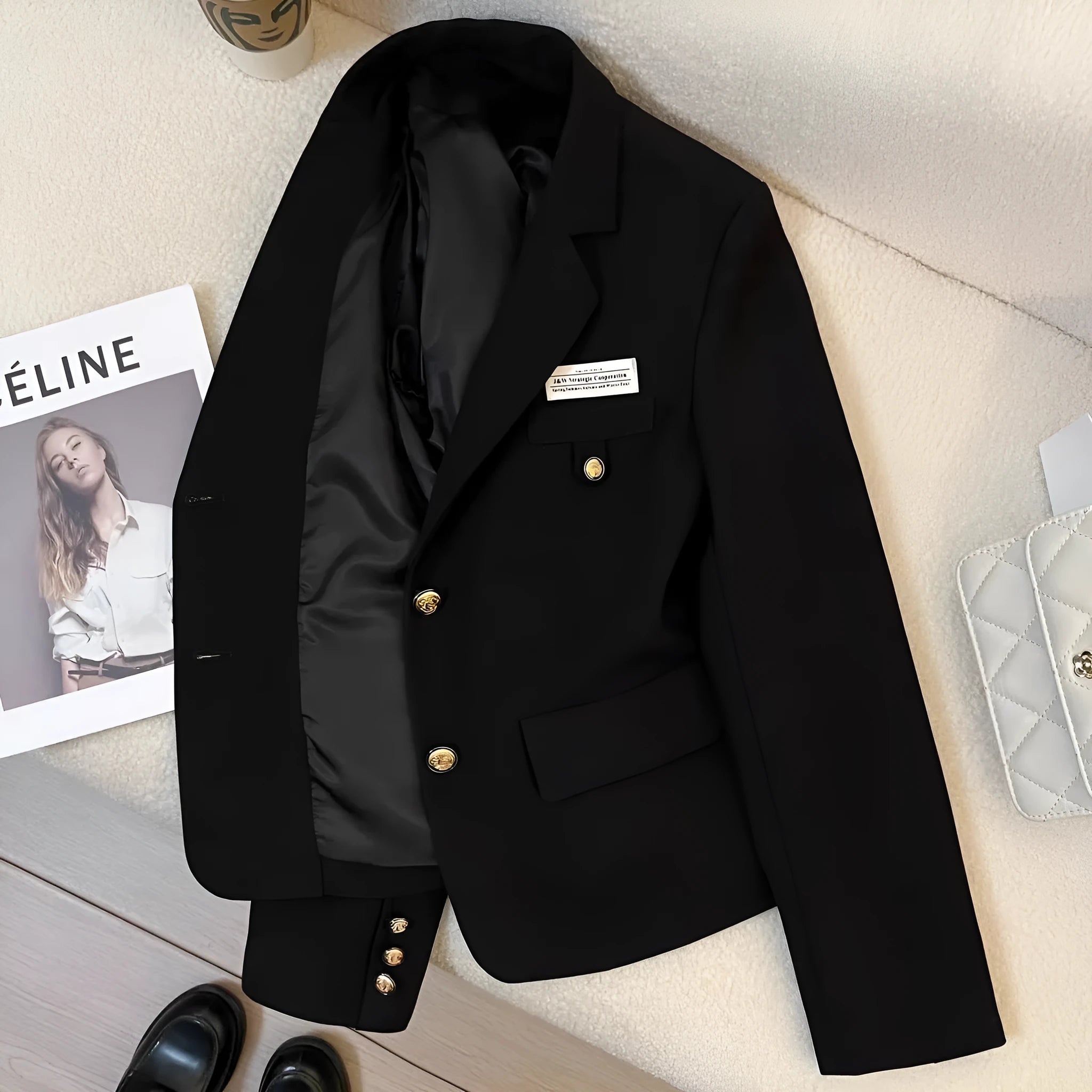 Black women's loose-fit suit coat with long sleeves and a pocket, made from polyester.
