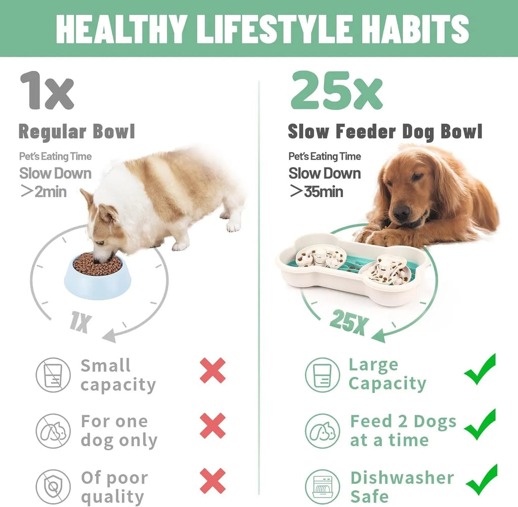 Large green slow feeder dog bowl with three separable puzzle trays for extended feeding time
