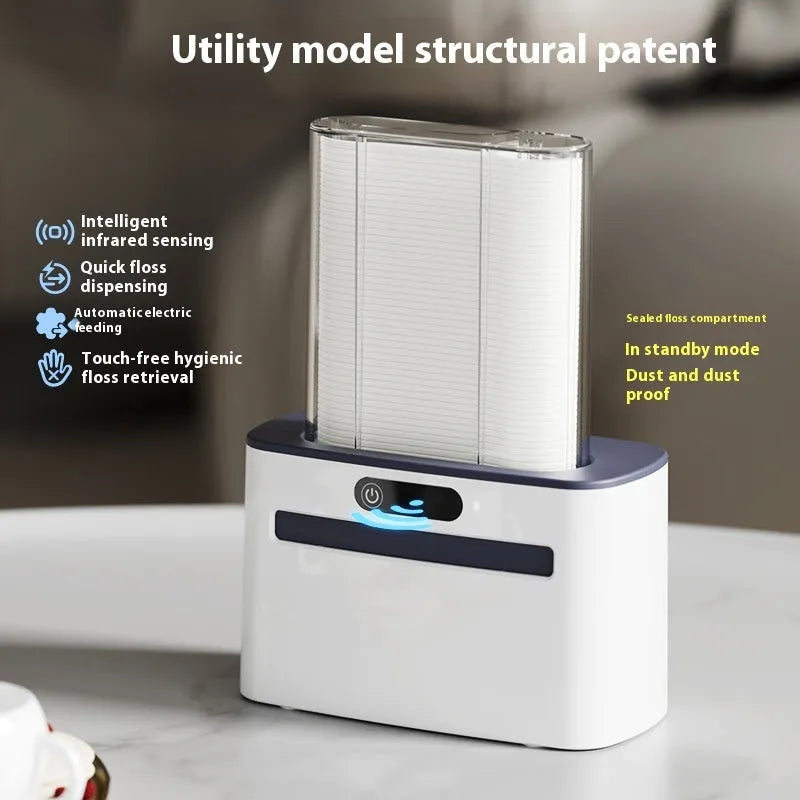 Electric dental floss box in dark grey, light grey or gold with automatic pop-up mechanism