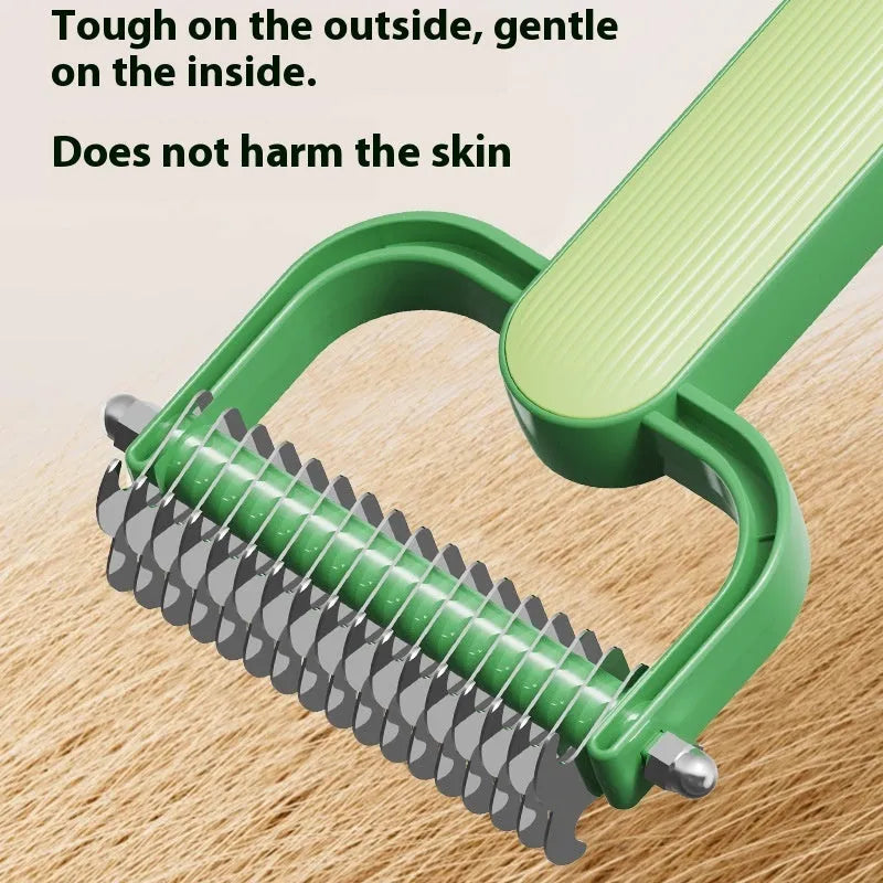 Creative pet grooming comb with PP plastic handle and stainless steel teeth in green colour