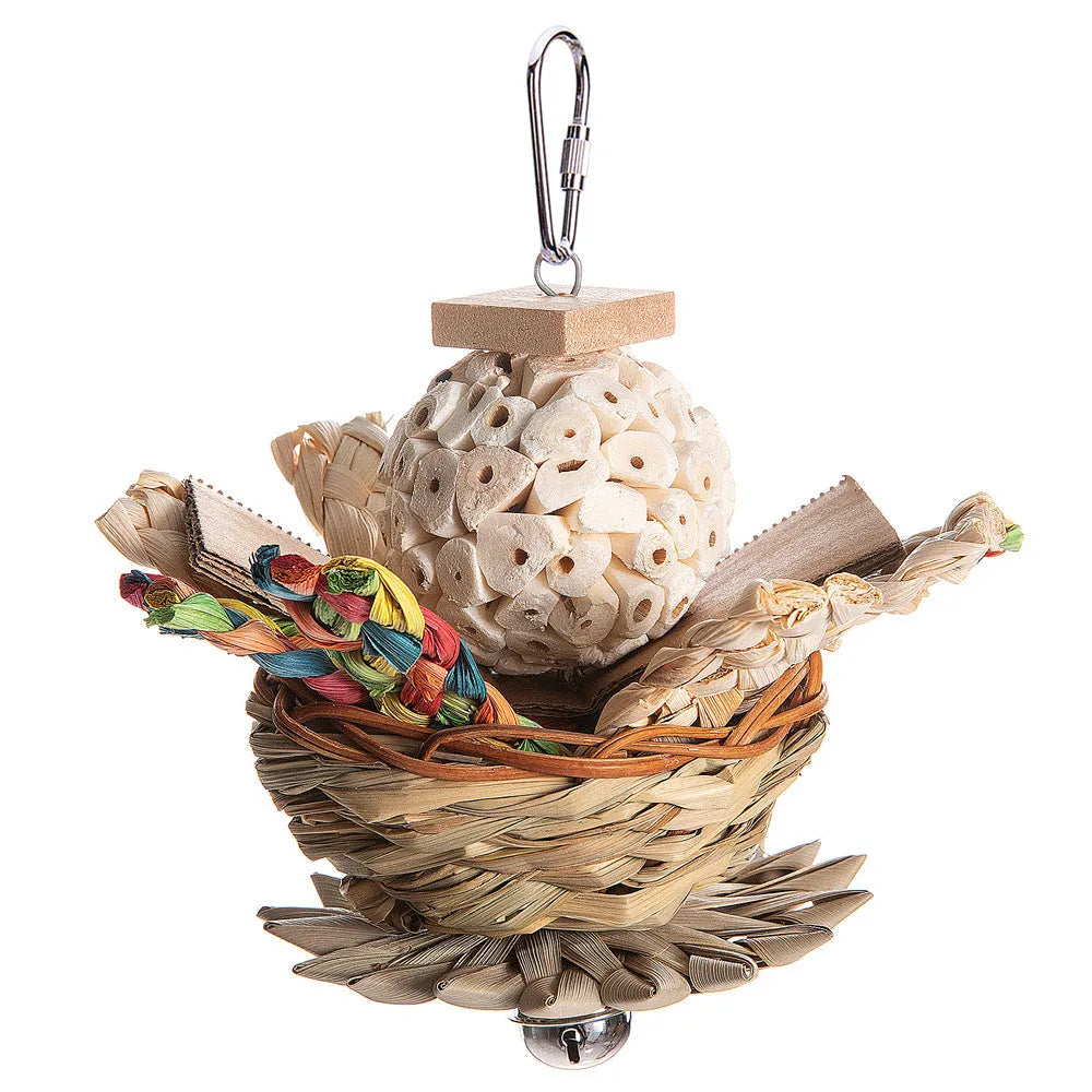 Set of three natural wood gnawing blocks for parrot chewing toy.