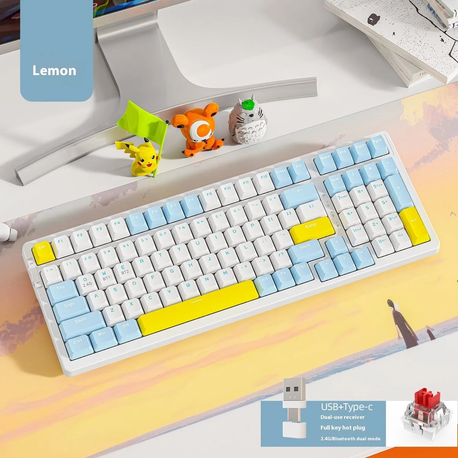 Free Wolf K96 Bluetooth dual-mode mechanical keyboard with red switches in blueberry, cheese, lemon, and shimmer colour options
