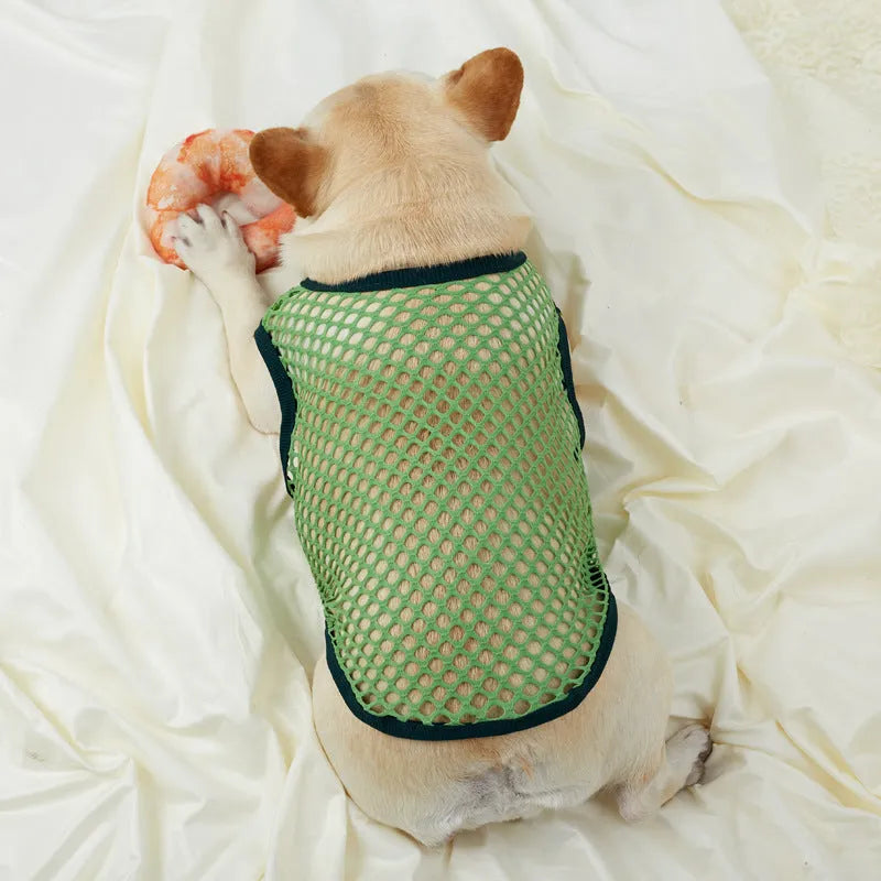 Hollow mesh dog vest clothing in elastic large mesh for summer, shown in black colour, size M