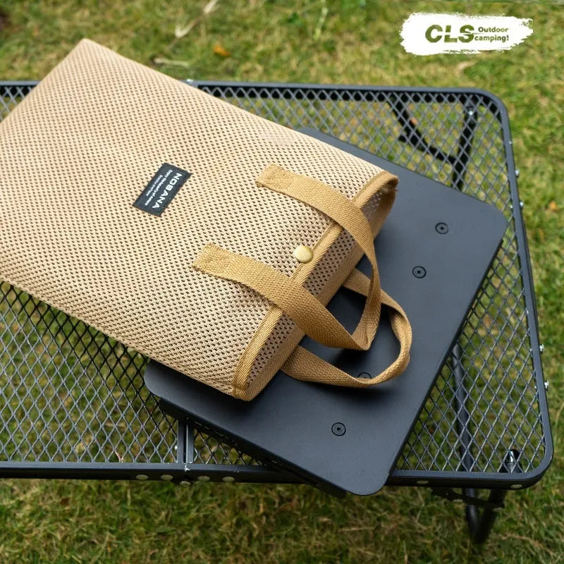 CLS aluminium dual-use folding camping stool shown extended as a table and folded with its carry bag.