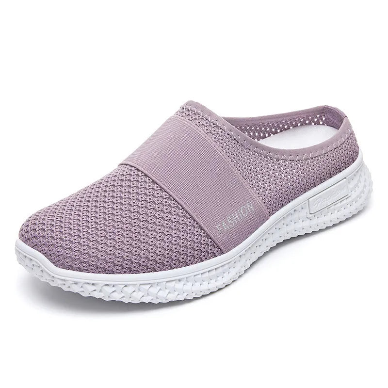 Women's breathable mesh casual shoes with flat heel and round toe in black, grey, pink, or purple