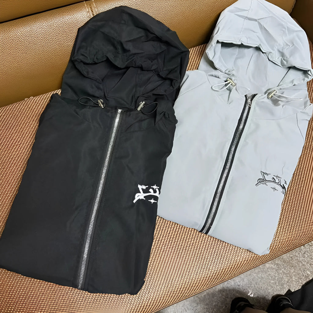 Men's grey hooded sunscreen jacket in British style with zip front and loose fit design