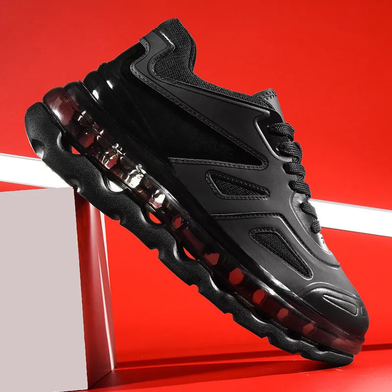 Men's full palm air cushion sports daddy shoes in black with PU upper and mesh panel