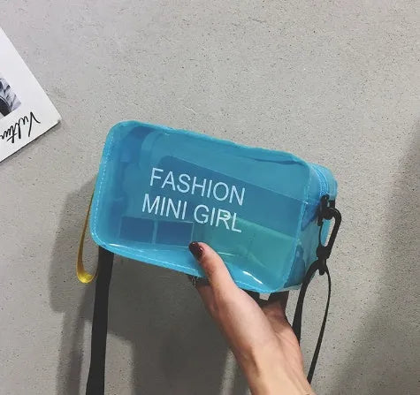 Transparent square jelly crossbody bag with adjustable strap in various colour options