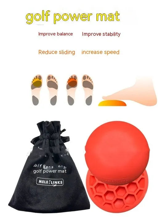 Orange natural rubber golf training mat with centre of gravity zone for swing practice
