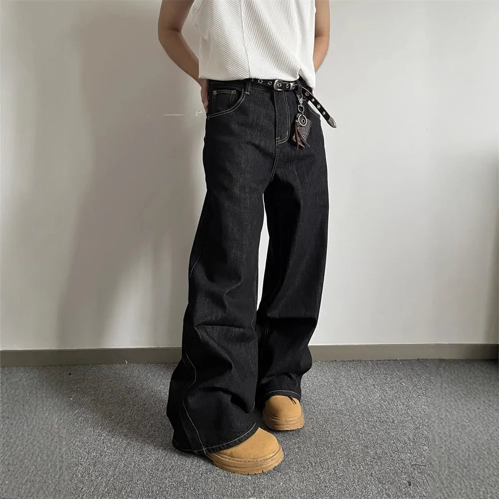 Black loose wide-leg retro denim jeans with straight-leg styling and mid-waist construction