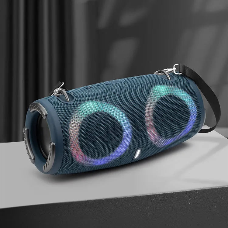 Portable Bluetooth speaker with colourful RGB lights in a choice of five colours including camouflage.