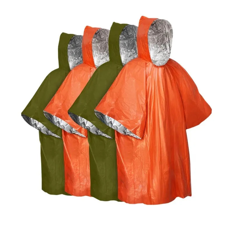Orange and army green marathon raincoat showing 100x130cm dimensions for cross-country use