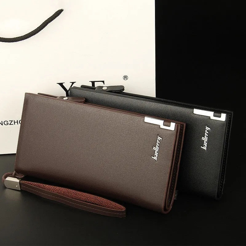 Men's black PU leather wallet with a long silver zipper closed around its edge.