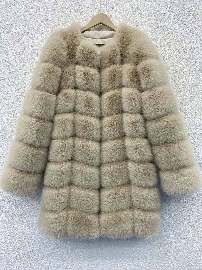 Women's long artificial fur coat in wine red colour on a hanger