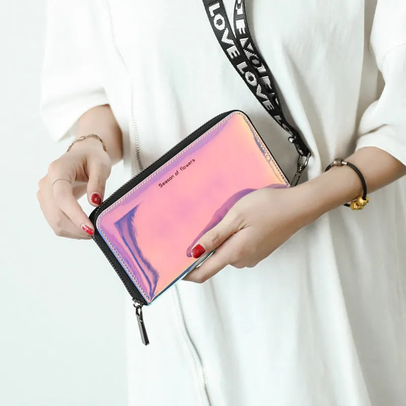 Women's short folding Korean-style wallet in glitter blue or green colours showing 11cm dimensions