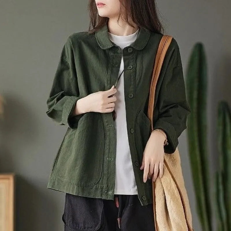Retro cotton twill loose top with large pocket in khaki, women's casual commute style