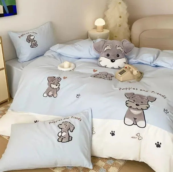 Cartoon schnauzer dog pattern bedding set with embroidery on thickened cotton fabric
