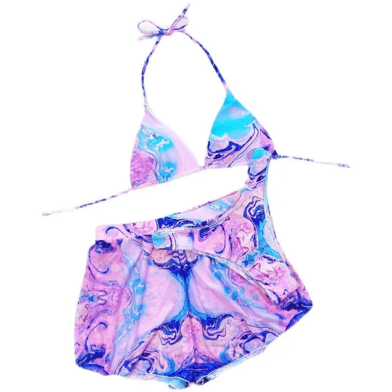 Plain pink triangle bikini three piece set with bra, shorts, and T-pants in nylon