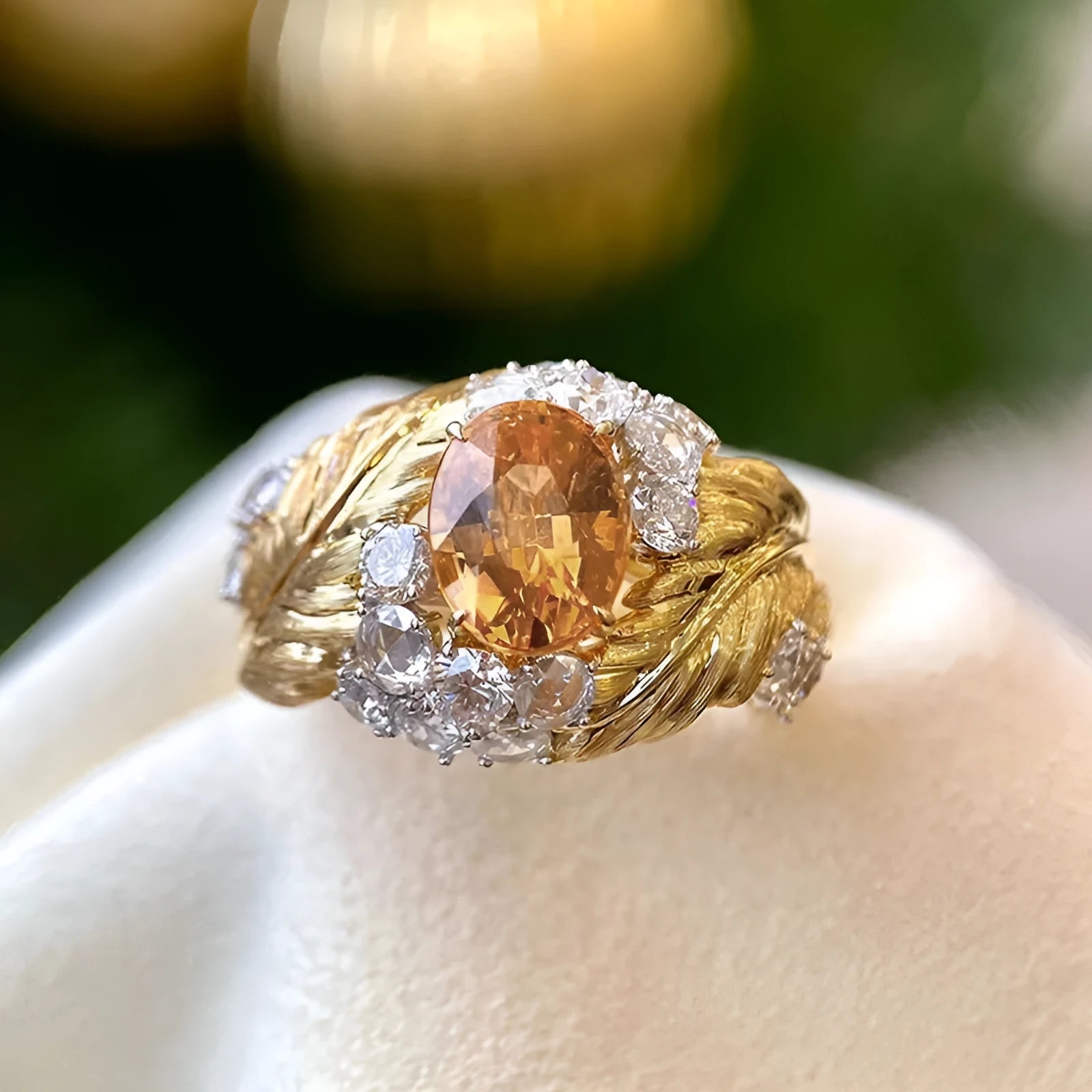 Gold-toned copper ring with embossed feather pattern and a central yellow zircon stone on a geometric band.