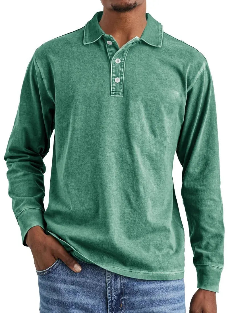Man's retro washed cotton long sleeve polo shirt with button-up front and lapel collar in various colours.