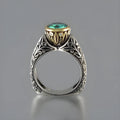 Women's gold-plated flower-shaped ring with green silver vintage gemstone.