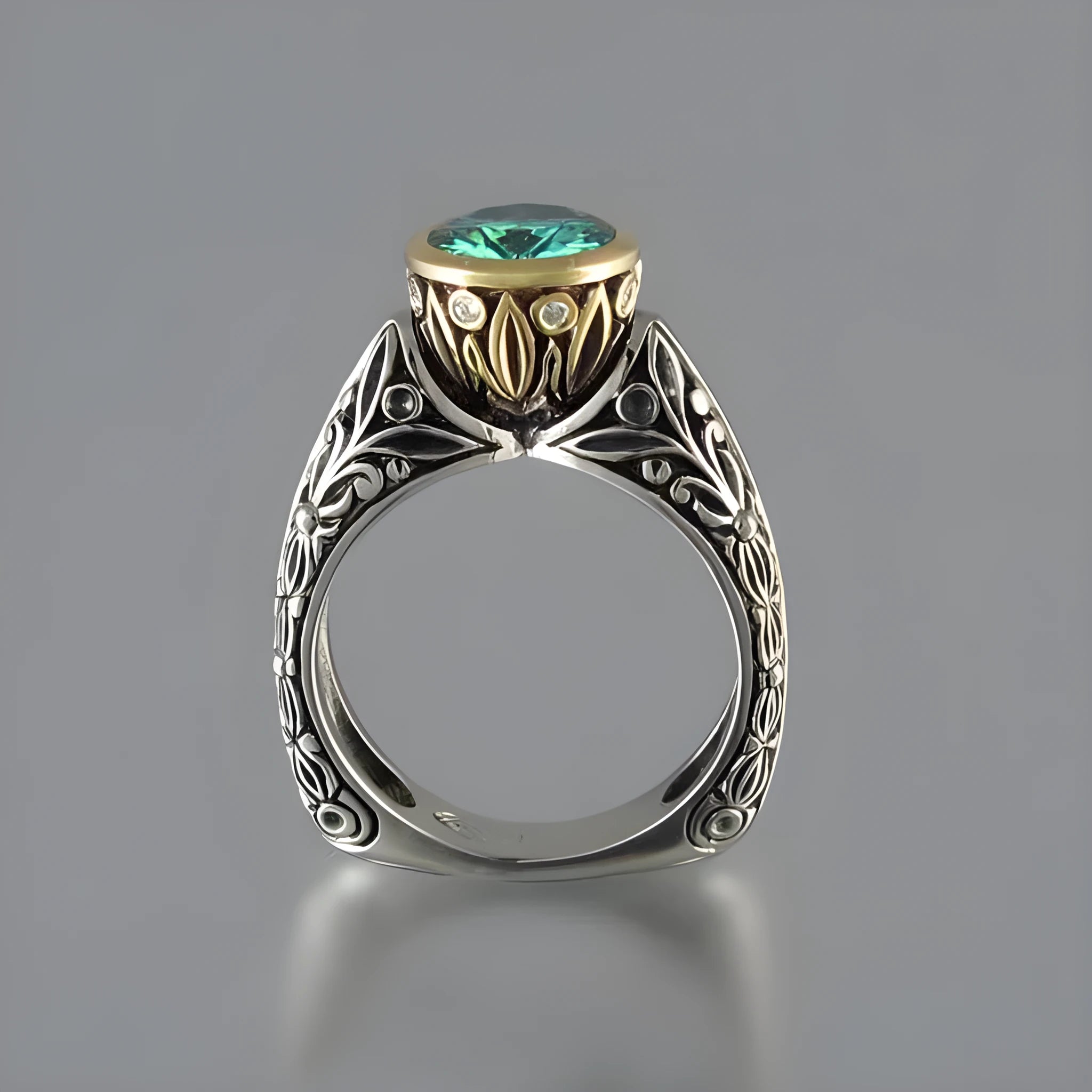 Women's gold-plated flower-shaped ring with green silver vintage gemstone.