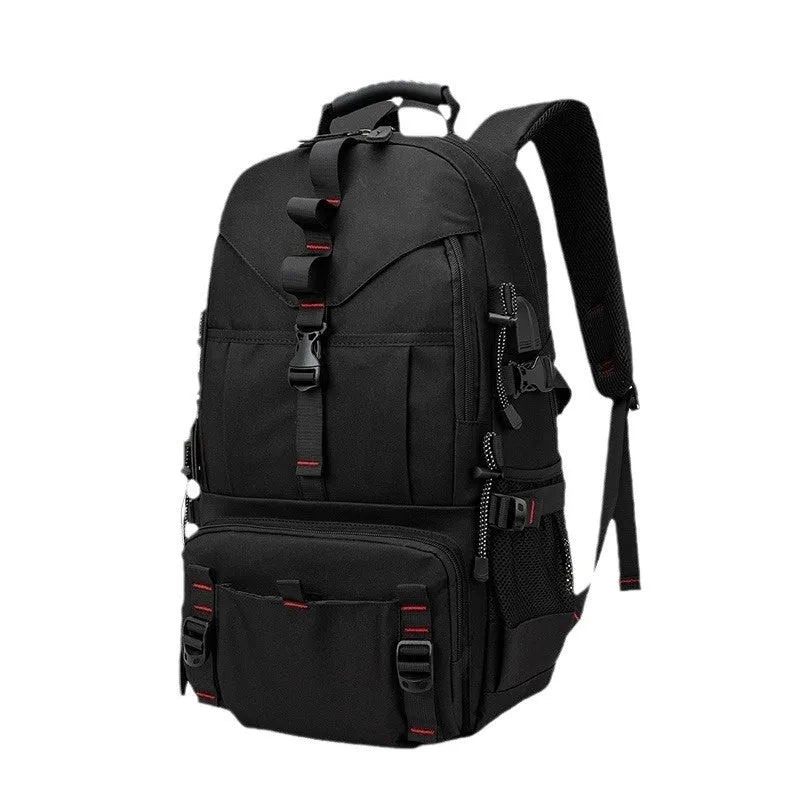 Men's large black waterproof Oxford cloth hiking backpack with padded straps and multiple compartments.