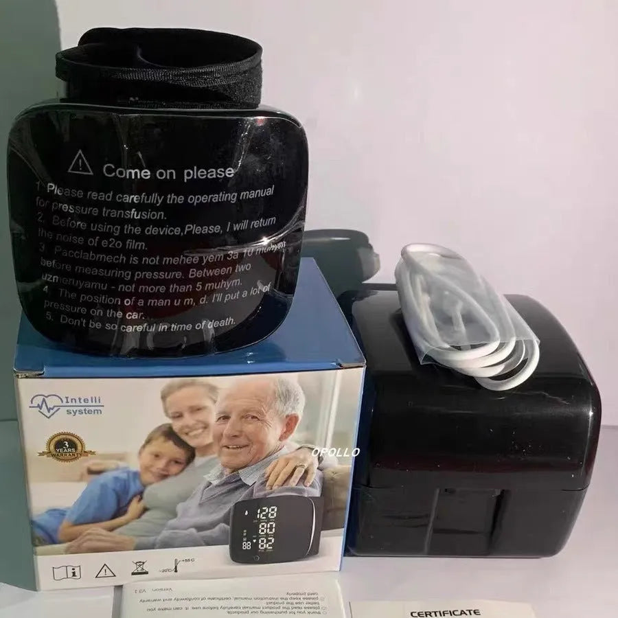 Black wrist blood pressure monitor with USB rechargeable port and multi-language voice function.