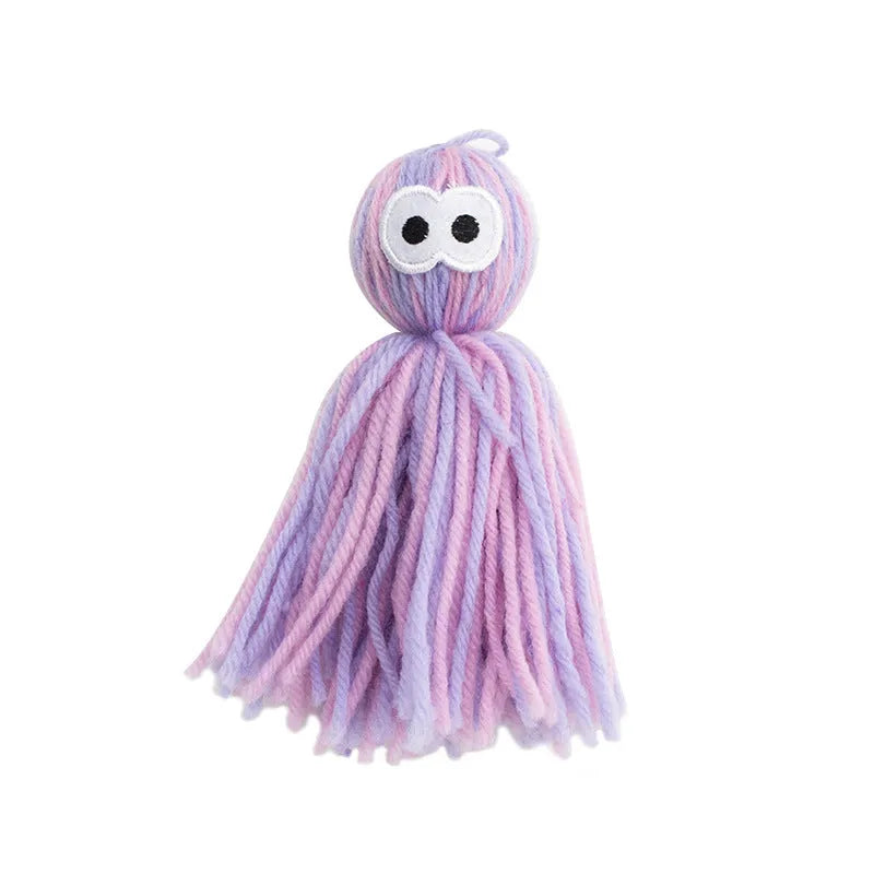 Hanging cat toy with wool ball and teaser stick in multiple colour options