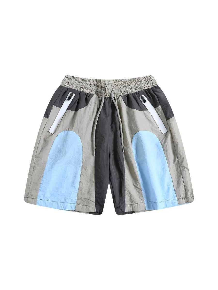 Blue patchwork men's beach shorts with elastic waist and straight-leg design for outdoor sports