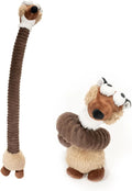 Foldable plush dog toy with squeaky and crinkle features in brown, grey and yellow colours