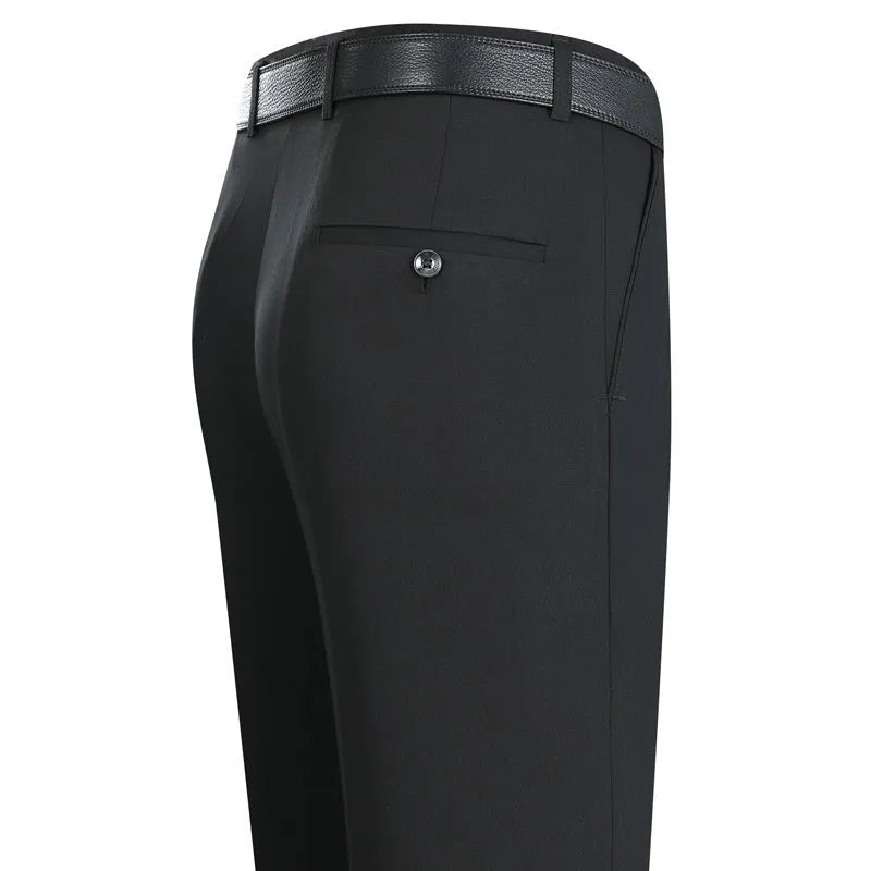 Men's dark blue straight-leg business trousers with a high waistband on a hanger.