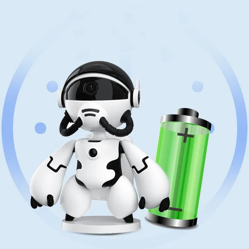 White or black Space Robot home monitoring camera on a detachable base with anti-slip pads.