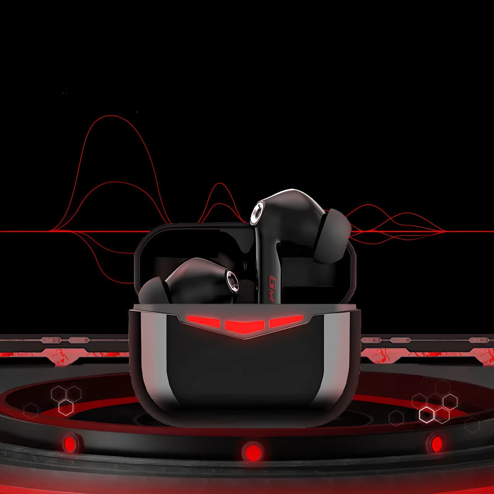 True wireless Bluetooth in-ear gaming headset in charging case with spare earmuffs
